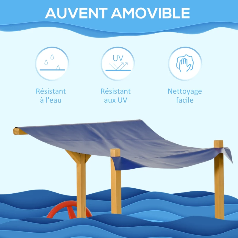 Outsunny Bac à Sable Bateau de Pirate en Bois - Voile d'ombrage, Coffre Rangement, gouvernail - Bois Sapin pré-huilé