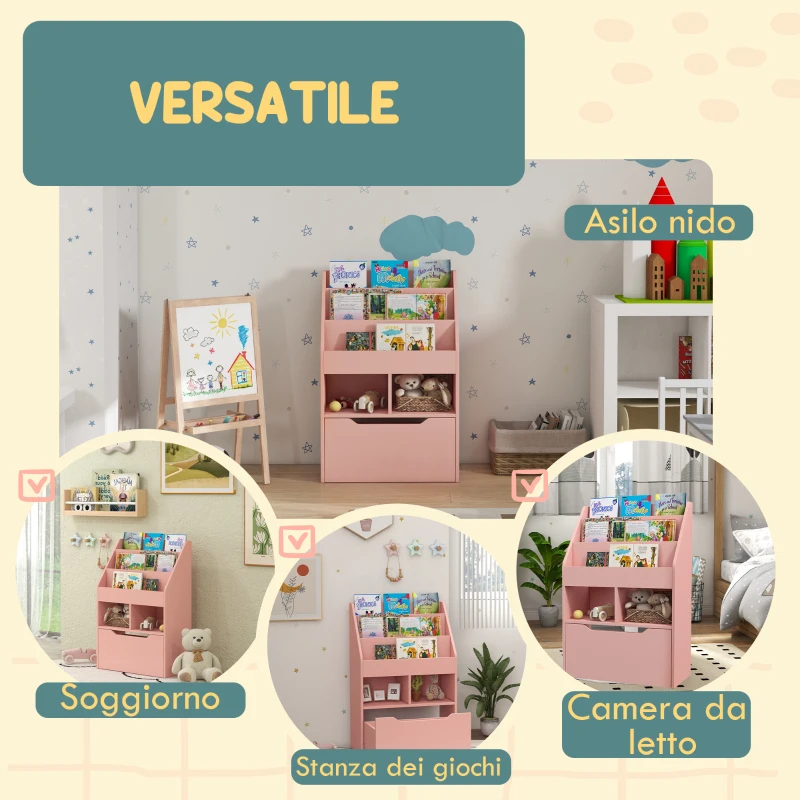 HOMCOM Piccola Libreria per Bambini con Ripiani e Cassetto in MDF, 60x29.9x90cm, Rosa