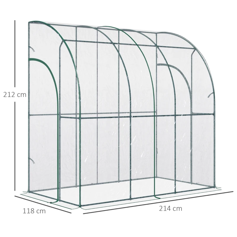 Outsunny Walk-In Greenhouse, Lean-to Small Greenhouse with Zipped Roll Up Doors, Tomato Greenhouse with Plastic Cover and Sloping Top for Flowers, Vegetables and Herbs, 214cm x 118cm x 212cm, Clear