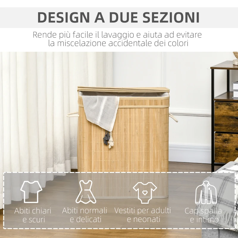 HOMCOM Cesto Portabiancheria da 90L Pieghevole con 2 Scomparti, Coperchio e Manici in Bambù