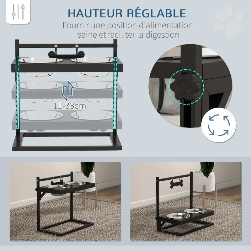 PawHut Gamelles surrélevées chien avec support réglable en hauteur de 11 à 33 cm 2 bols en acier inoxydables amovibles noir