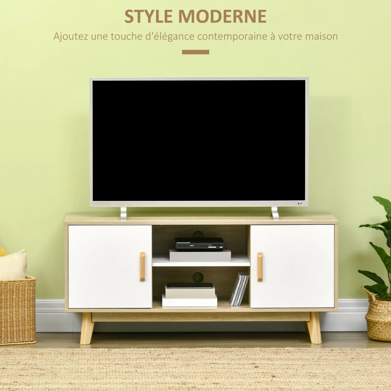 HOMCOM Meuble TV Banc TV scandinave 2 niches et 2 rangements avec Portes - dim. 120I x 40P x 55H cm - Bois Blanc Chêne