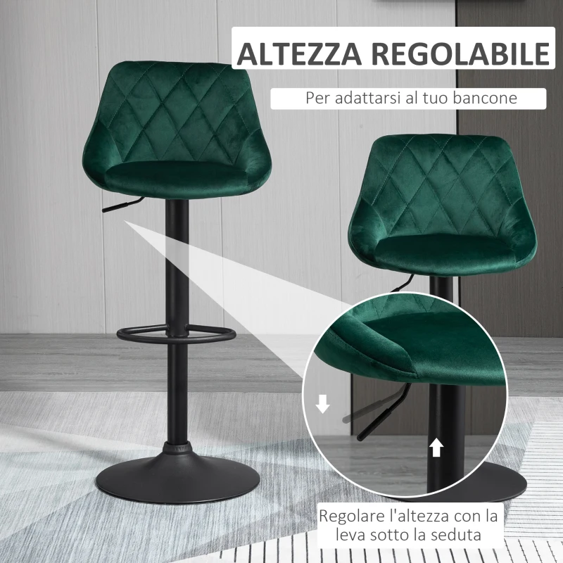 HOMCOM Set 2 Sgabelli da Bar, Altezza Regolabile con Base in Metallo e Seduta in Velluto, Sgabelli Moderni con Schienale e Poggiapiedi, 46x48x83-104 cm, Verde