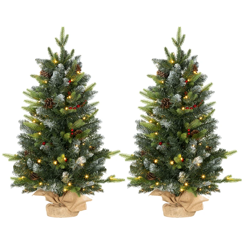 HOMCOM Set of Two 3ft Christmas Trees, with Lights, Berries and Pinecones