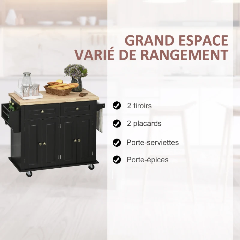 HOMCOM Desserte ilôt de cuisine multi rangements 2 tiroirs 2 placard 2 portes avec étagère range-bouteille porte-torchons et étagère réglable MDF noir hévéa