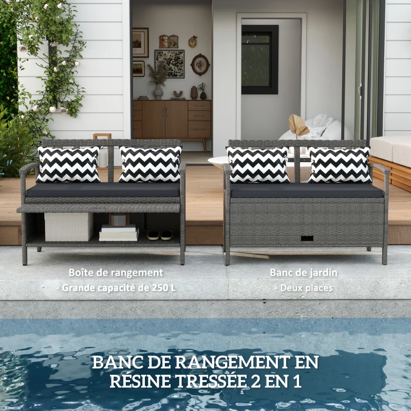 Outsunny Banc extérieur jardin 2 places banc de rangement 160L en rotin PE avec coussin 2 oreillers 112 x 62 x 82 cm gris