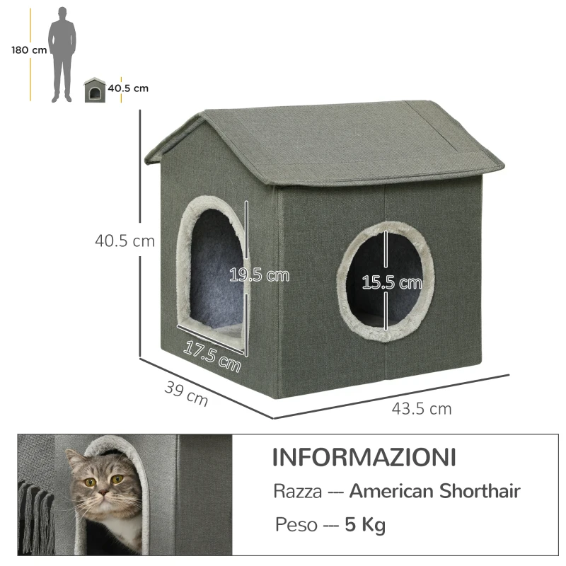 PawHut Casetta per Gatti con Cuscini Lavabili 2 entrate, 39x43.5x40.5cm  Grigio