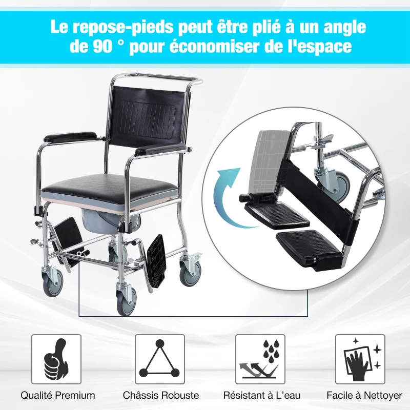 HOMCOM Chaise percée à roulettes - fauteuil roulant percé - coussin amovible, accoudoirs rembourrés,  repose-pied rabattable métal revêtement synthétique noir