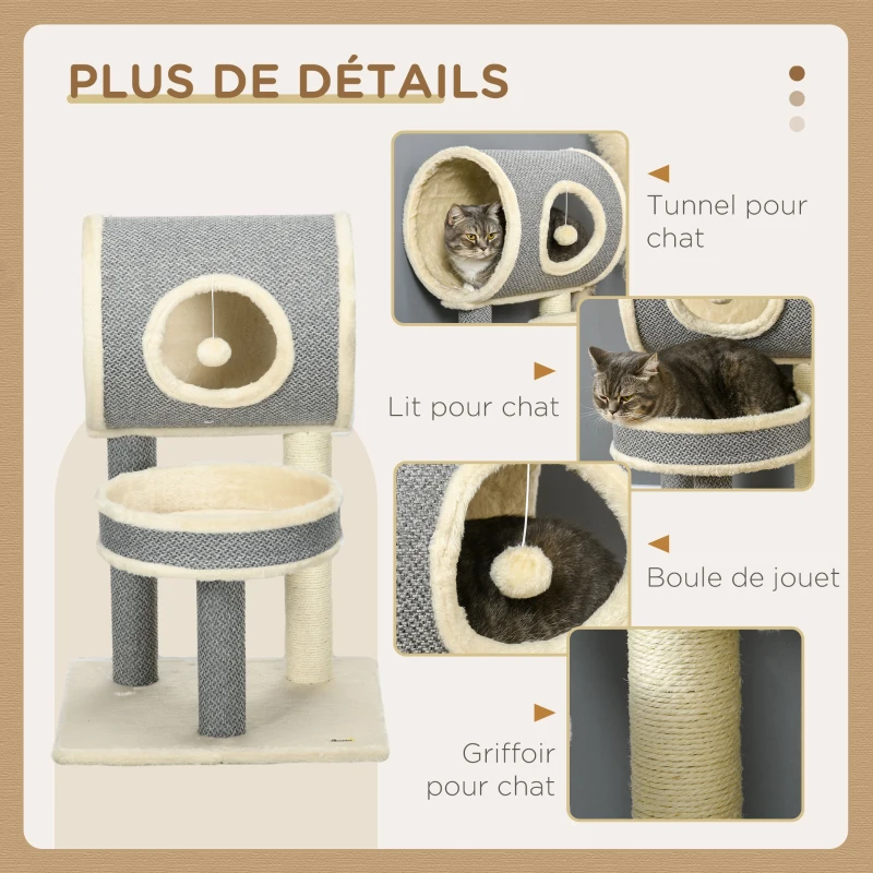 PawHut Arbre à chats avec griffoir arbre à gratter en sisal tunnel panier en peluche doux structure en bois 48L x 48l x 73H cm