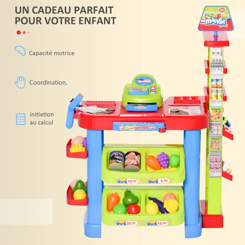 HOMCOM Jeu d'imitation commerçant Jeu de la marchande Caddie + Caisse enregistreuse et 45 Accessoires Inclus Effets Lumineux sonores