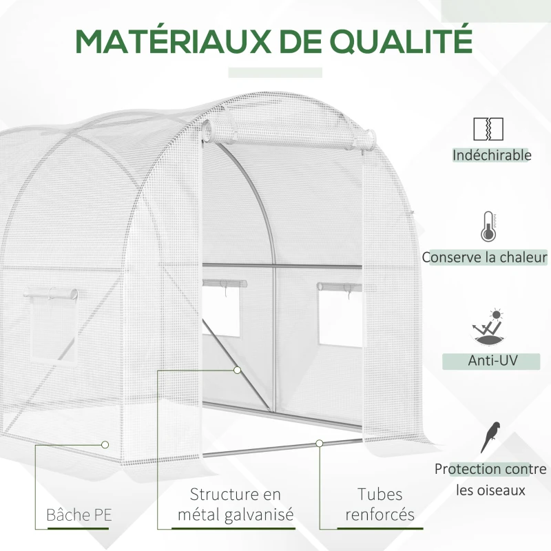 Outsunny Serre de Jardin Tunnel 6 m² 3L x 2l x 1,9H m Acier galvanisé renforcé diamètre 2,4 cm + PE Haute densité fenêtres Porte Blanc
