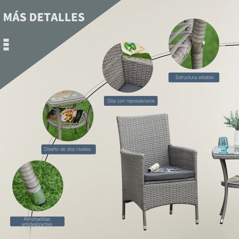Outsunny Conjunto de Muebles para Jardín Juegos de Muebles de Ratán Incluye 1 Mesa y 2 Sillones con Cojines Estructura de Metal para Terraza Patio Gris