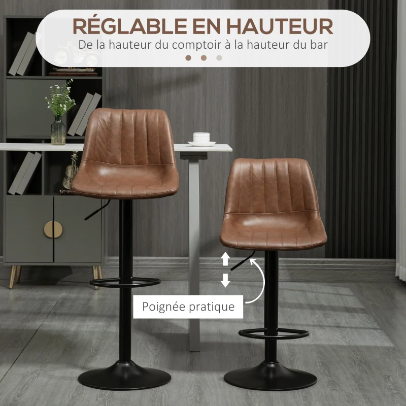 HOMCOM Lot de 4 tabourets de bar style vintage réglable pivotant avec repose-pied revêtement synthétique marron
