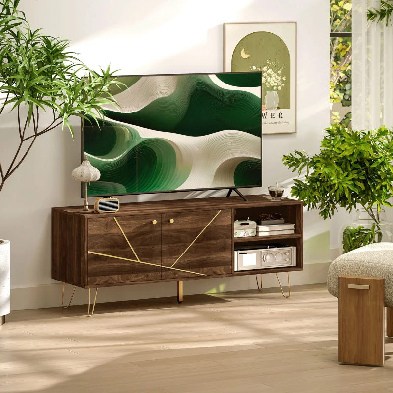 HOMCOM TV Stand Cabinet for up to 60 Inch TV, Modern 130cm TV Unit with Adjustable Shelves and Hairpin Legs, Double Door TV Cabinet for Living Room, Bedroom, Brown