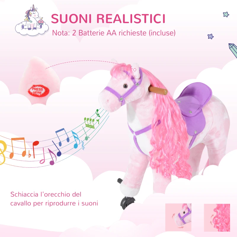 HOMCOM Cavallo a Dondolo per Bambini 2+ Anni con 4 Rotelle, Suoni Realistici e Poggiapiedi, 65x28x75 cm, Rosa