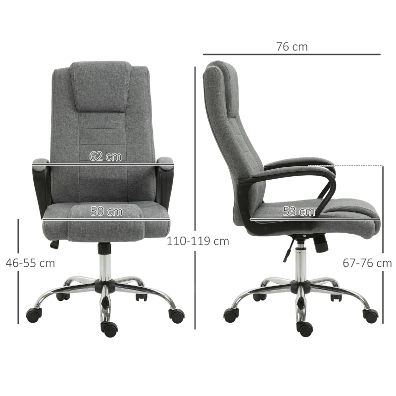 HOMCOM Fauteuil de bureau à roulettes chaise manager ergonomique pivotante hauteur réglable lin gris foncé