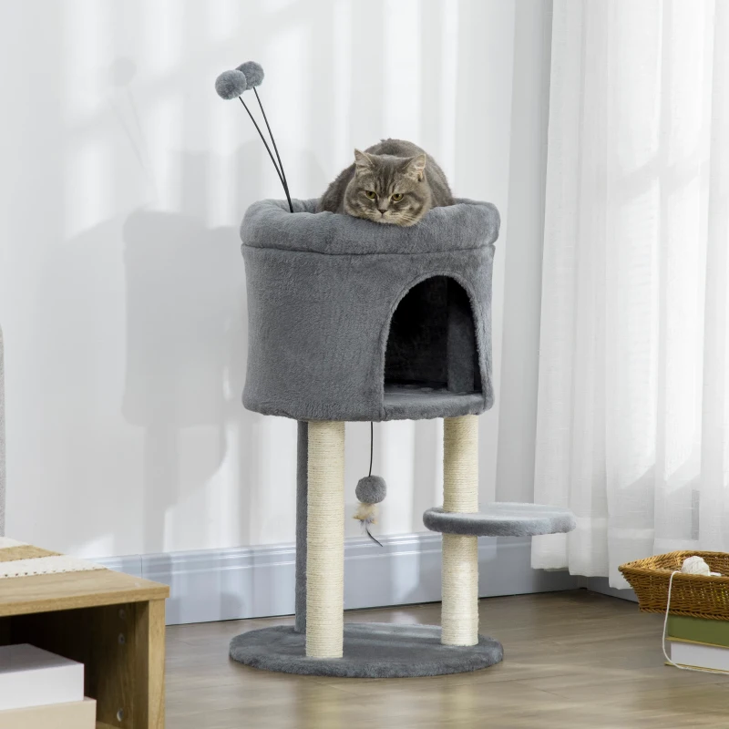 PawHut Albero Tiragraffi per Gatti con Casetta e Lettino, Pali in Sisal e Palline, 44.5x44.5x73.5cm, Grigio