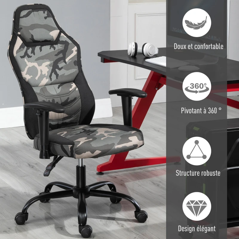 HOMCOM Fauteuil gaming militaire - chaise gamer - inclinable, hauteur réglable assise & accoudoirs, pivotant - polyester noir vert