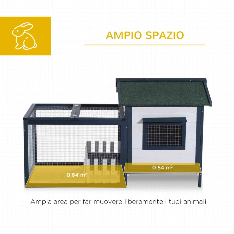 PawHut Conigliera da Esterno in Legno di Abete con Casetta e Area per Movimento, 151x78x84.5 cm, Verde e Bianco