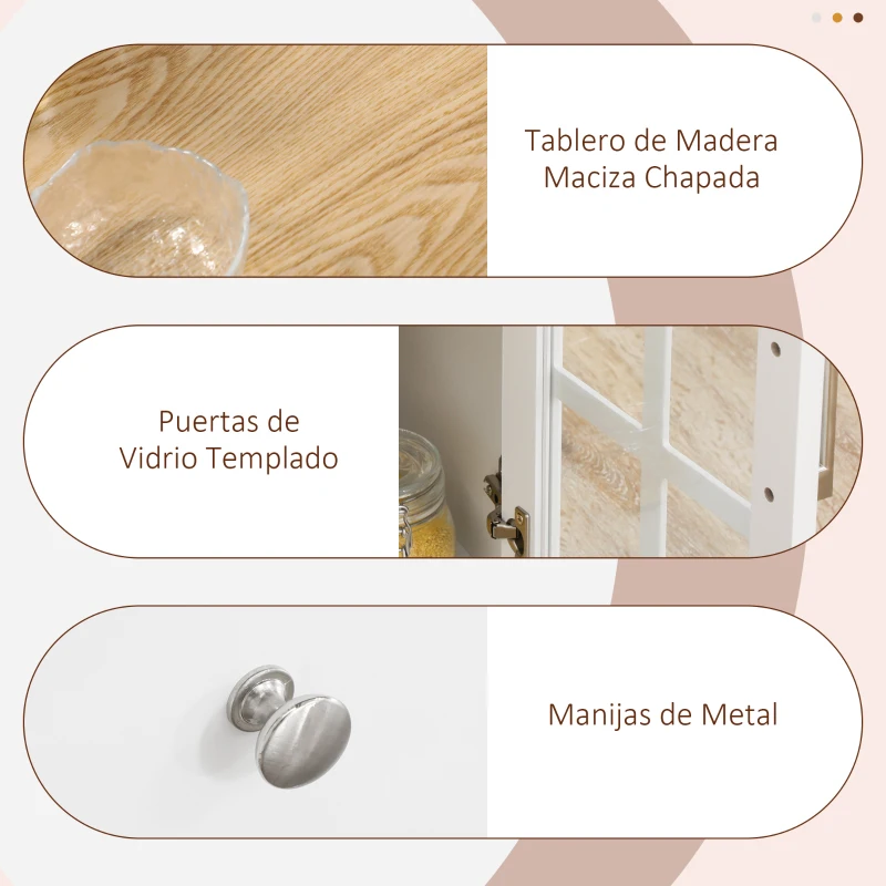 HOMCOM Carro de Cocina con Ruedas Isla de Cocina con 2 Cajones 3 Puertas de Vidrio Templado Toallero 124,5x39,5x90 cm Blanco