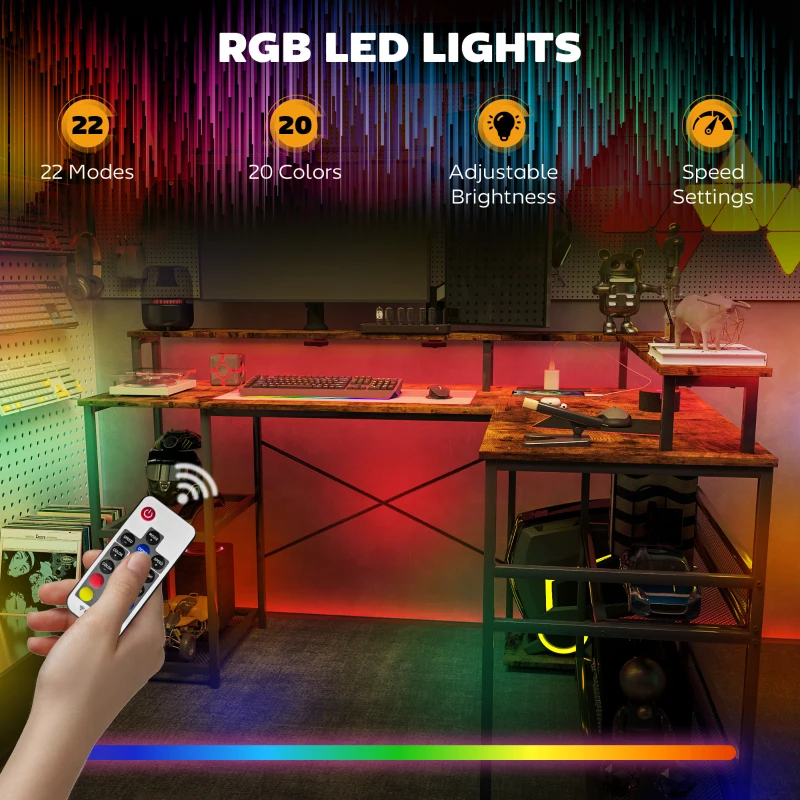 HOMCOM LED Light 'L' Computer Desk, with Shelves - Brown