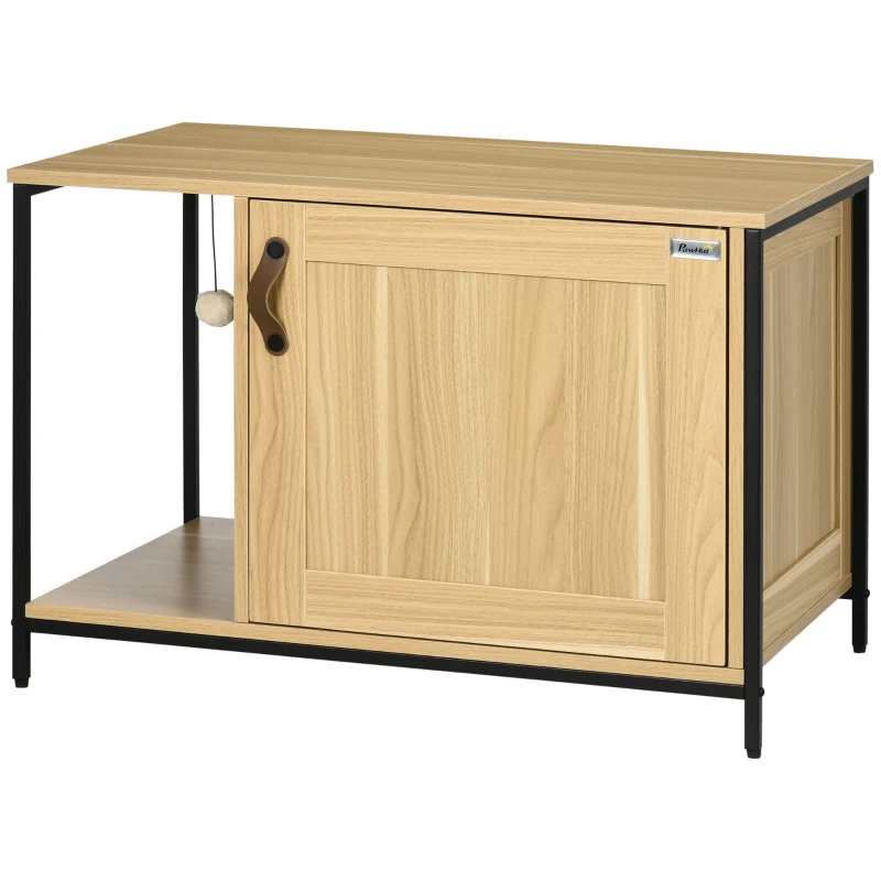PawHut Mueble Arenero para Gatos con Puerta Bola de Juguete Colgante Caja de Arena para Gatos para Interior 80x48x55 cm Roble