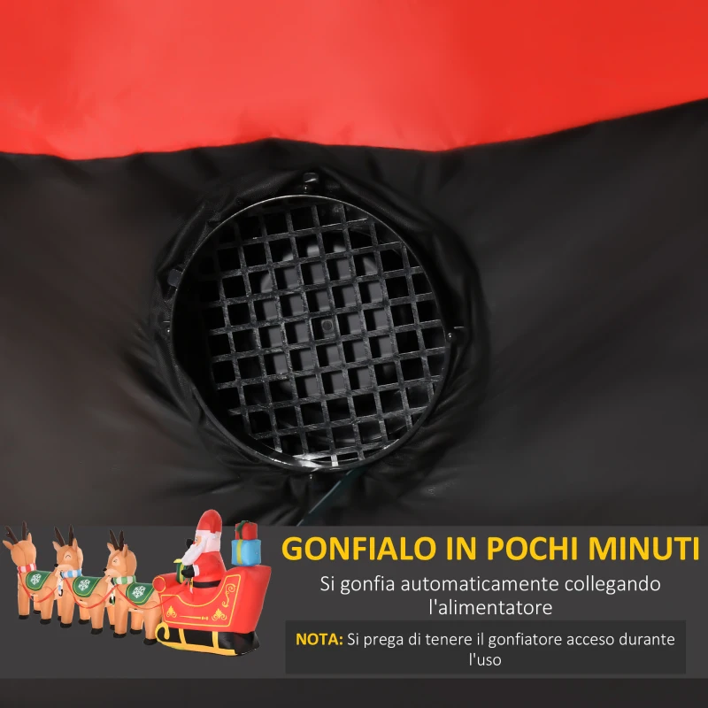 HOMCOM Babbo Natale Gonfiabile 132cm con Slitta e 3 Renne, Luci LED Integrate, Decorazione Natalizia da Esterno
