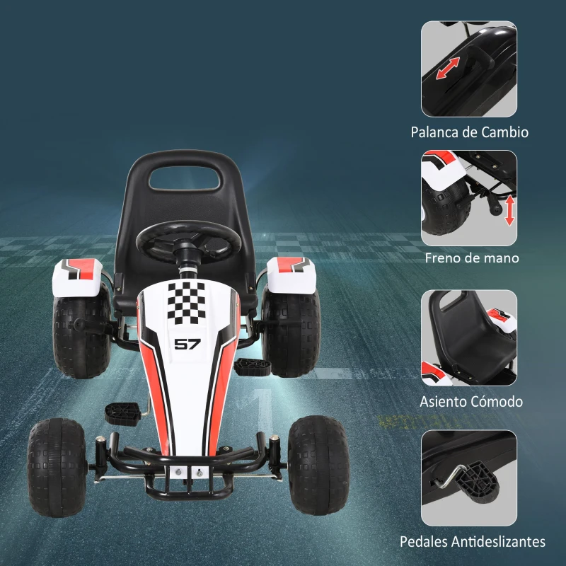 HOMCOM Go Kart a Pedales para Niños de +3 Años Coche de Pedales Infantil con Asiento Ajustable y Freno de Mano 104x66x57 cm Blanco y Negro