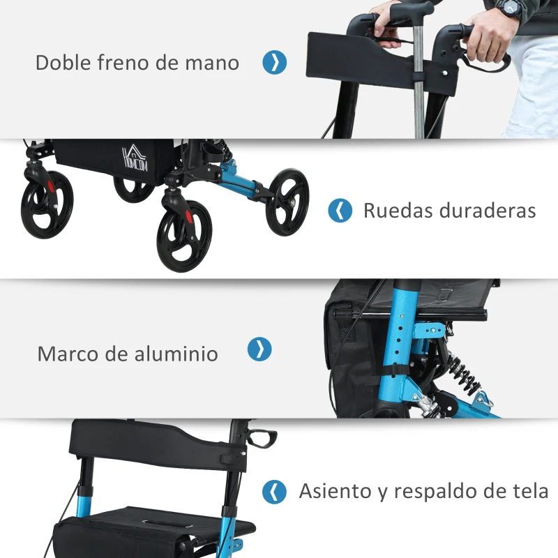 HOMCOM Andador para Ancianos Plegable de Aluminio con Asiento 4 Ruedas Altura Ajustable Frenos de Maneta Azul y Negro