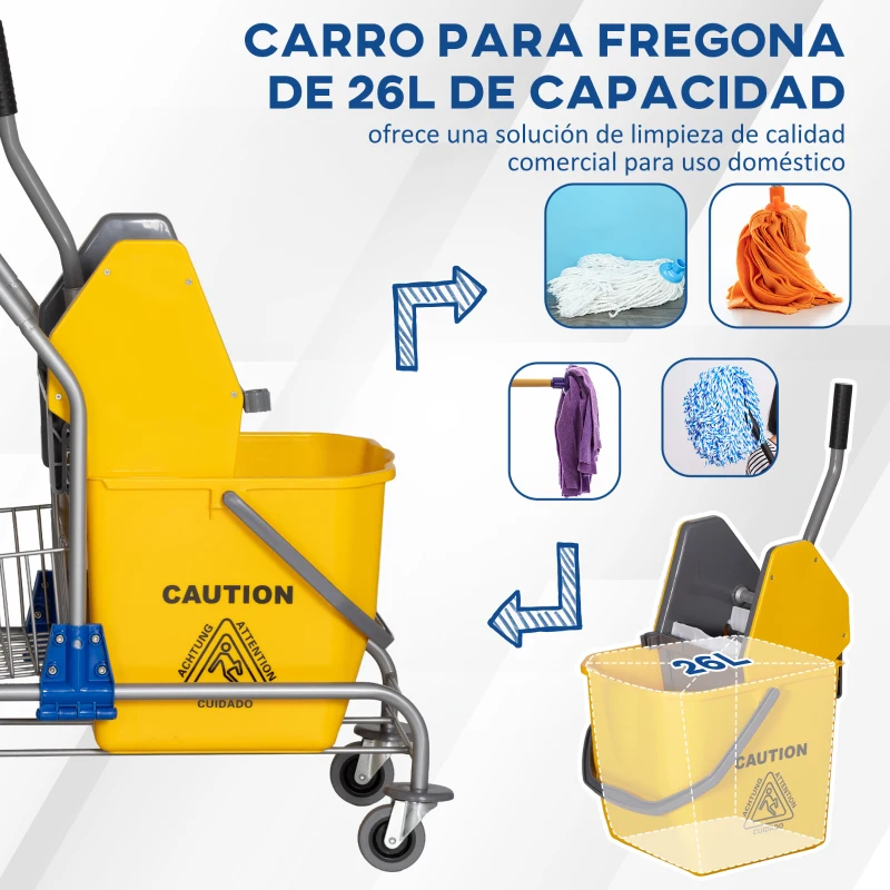 HOMCOM Cubo de Fregar con Ruedas Escurridor de Presión y Cestas de Almacenamiento Capacidad de 26 L 73x45x95 cm Amarillo