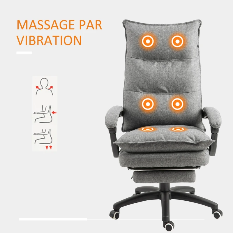 Vinsetto Fauteuil de bureau massant, chaise de bureau, chaise ergonomique avec hauteur réglable, dossier inclinable, repose-pied intégré et télécommande filaire, pivotant à 360°, toile de lin gris