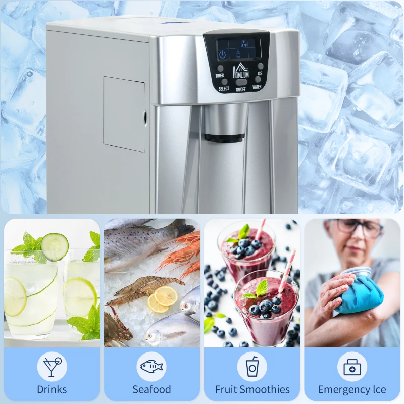 HOMCOM 3L Ice Maker Machine and Water Dispenser, 12kg in 24H, 2 Sizes 9 Ice Cubes Ready in 6-10 Mins Ice Machine, Silver