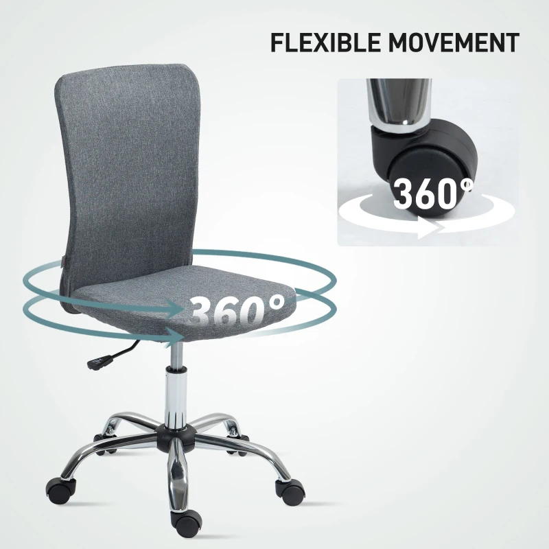 HOMCOM Armless Computer Desk Chair, Fabric Swivel Office Chair, Makeup Vanity Chair with Height Adjustable, Wheels, for Home Study Bedroom, Grey