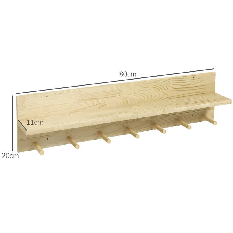 HOMCOM Estante de Pared con 7 Ganchos de Madera Balda Flotante con Perchas para Entrada Pasillo Dormitorio 80x12x20 cm Natural