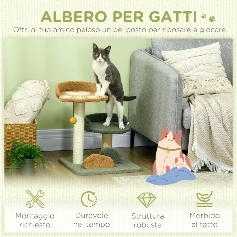 PawHut Albero Tiragraffi per Gatti con 2 Lettini, Pallina e Rivestimento in Velluto, 43x39x52cm