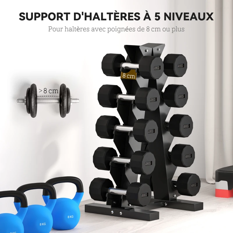 SPORTNOW Support d'haltères à 5 niveaux stockage d'haltères en acier pour musculation Charge 100 kg 35x33x66 cm Noir