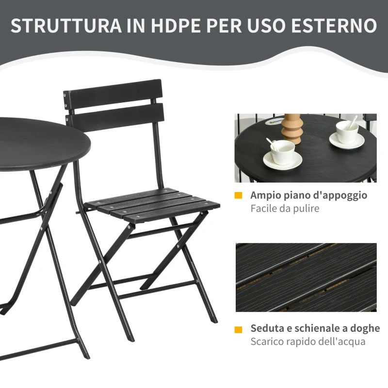 Outsunny Set da Giardino 3 Pezzi con 2 Sedie e Tavolo Pieghevoli in Acciaio e HDPE, Grigio Scuro