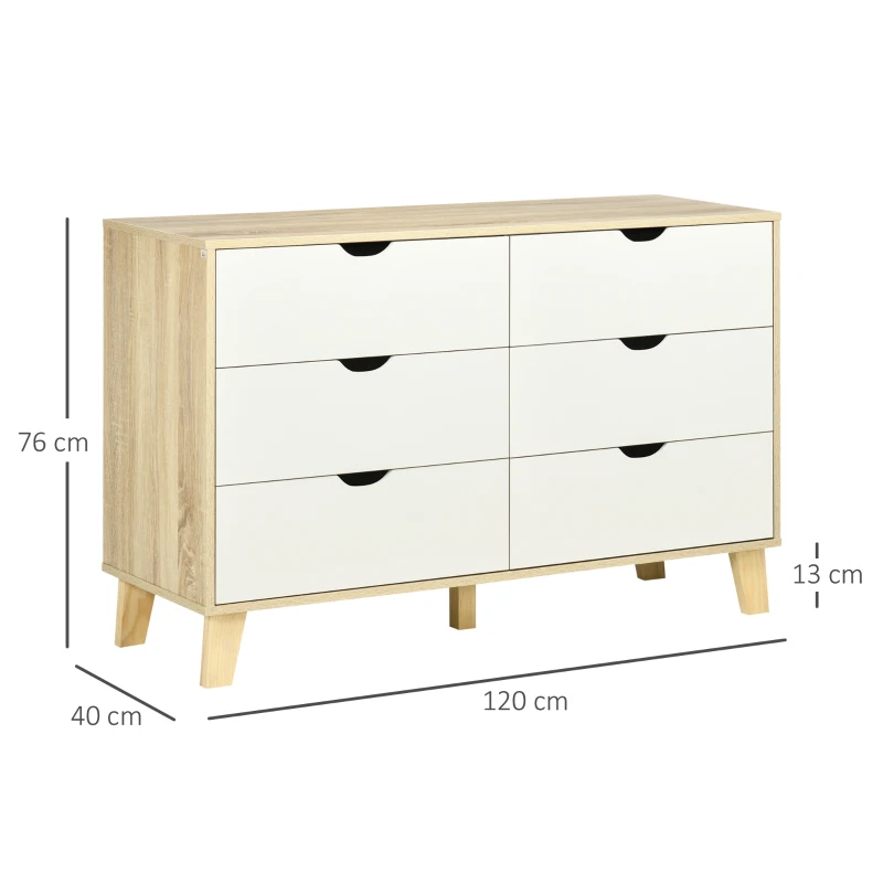 HOMCOM Cómoda con 6 Cajones Cajonera para Dormitorio Salón Estudio Estilo Moderno 120x40x76 cm Natural y Blanco(m-3)