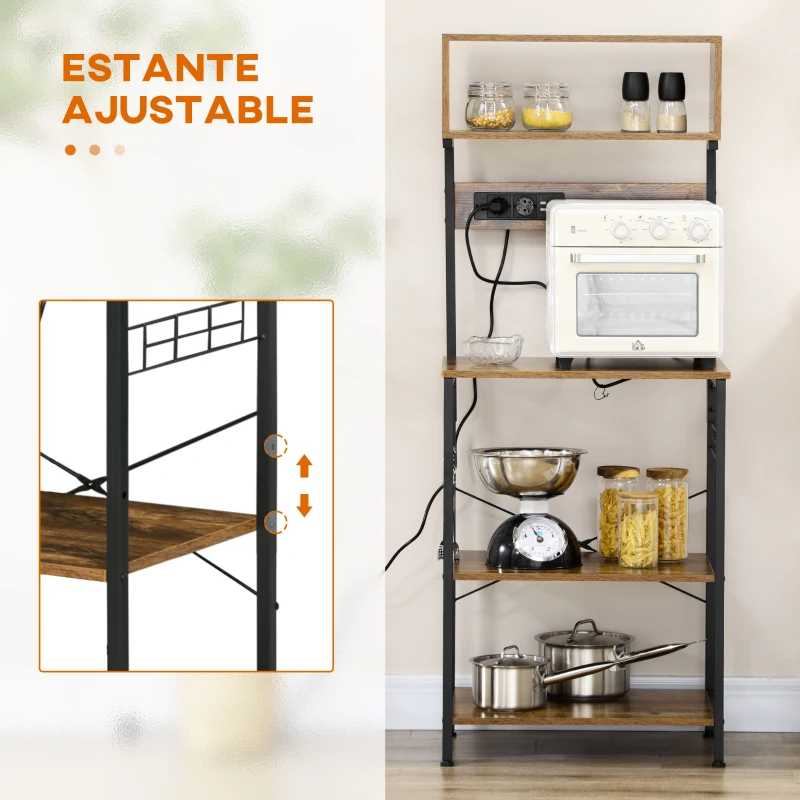 HOMCOM Estantería de Cocina Mueble para Microondas con Toma de Corriente 2 Cargadores USB 5 Ganchos 60x42x153 cm Marrón