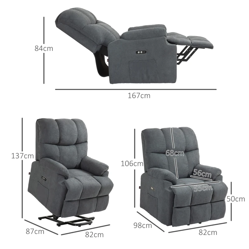 HOMCOM Poltrona Alzapersona con Poggiapiedi, in Tessuto Effetto Lino, 84x96x100 cm, Grigio Scuro