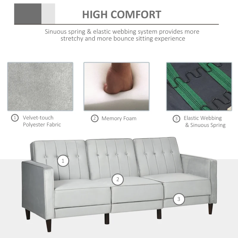 HOMCOM 3 Seater Sofa Bed with Portable Footstool Velvet Corner Sofa Bed, Light Grey