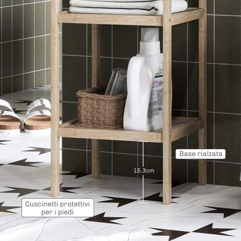 HOMCOM Mobile Bagno Moderno a 4 Livelli Antiribaltamento in Bambù, 33x31x110 cm, color Legno