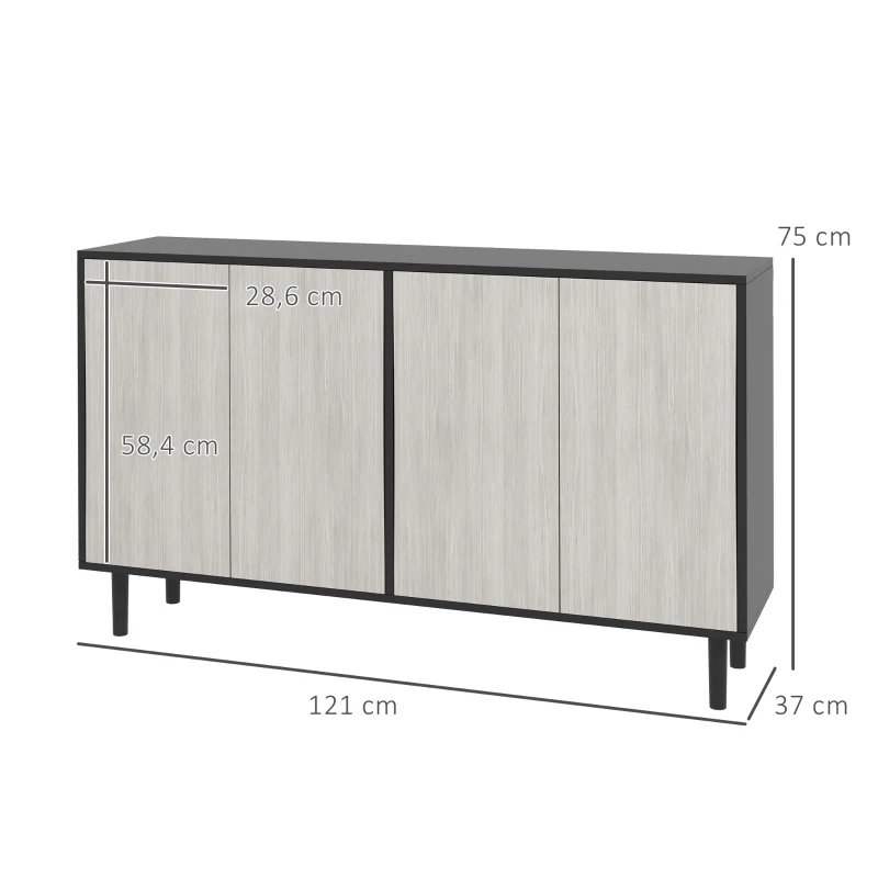 HOMCOM Buffet de cuisine meuble de rangement 2 placards avec étagères réglables, 121 x 37 x 75 cm, noir et aspect bois gris