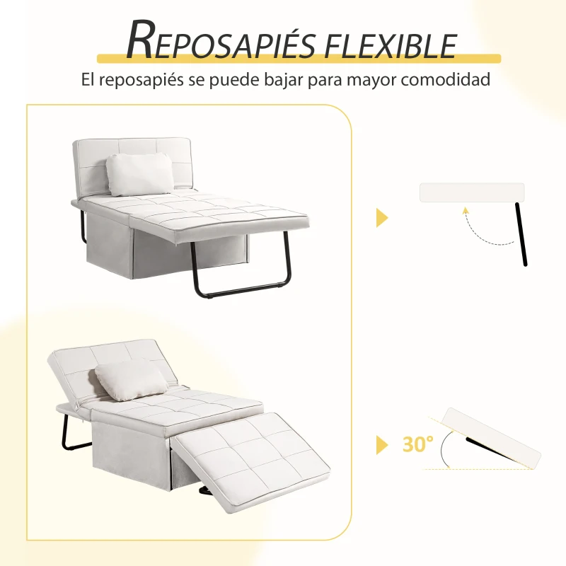 HOMCOM Sofá Cama de 1 Plaza Tapizado en Lino con Respaldo Ajustable en 5 Posiciones Reposapiés y Reposacabezas Crema