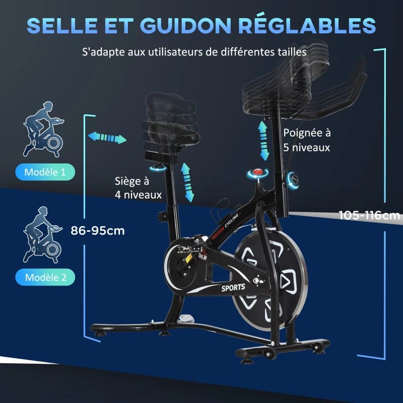 HOMCOM Vélo d'appartement vélo de fitness velo d'intérieur avec écran LCD multifonctions vélo biking cardio-training selle et guidon réglables acier noir