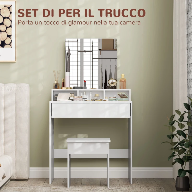 HOMCOM Tavolo da Trucco con Specchio, 3 Ripiani, 2 Cassetti e Sgabello, in Legno, 75x38x135 cm, Bianco