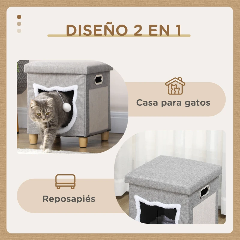 PawHut 2 en 1 Reposapiés Cama para Gatos con Cojín Extraíble Bola Colgante y Almohadilla para Rascar 35,5x35,5x42,5 cm Gris