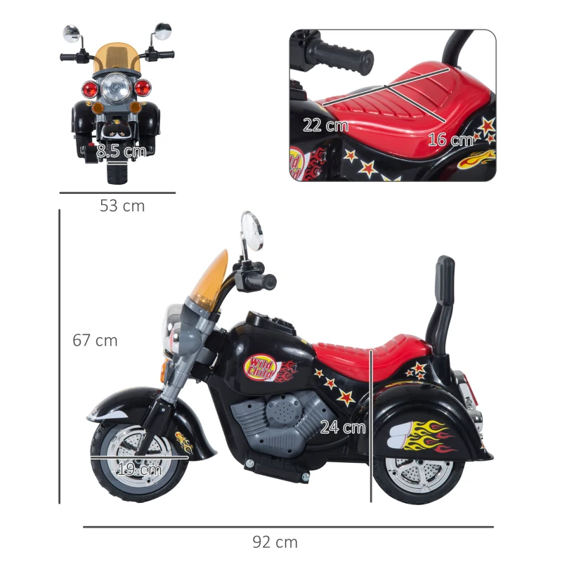 HOMCOM Mini Moto Elettrica per Bambini da 37-72 Mesi 3 Ruote Batteria 6V PP Ferro, Velocità 2.5KM/h, 92×53×67cm