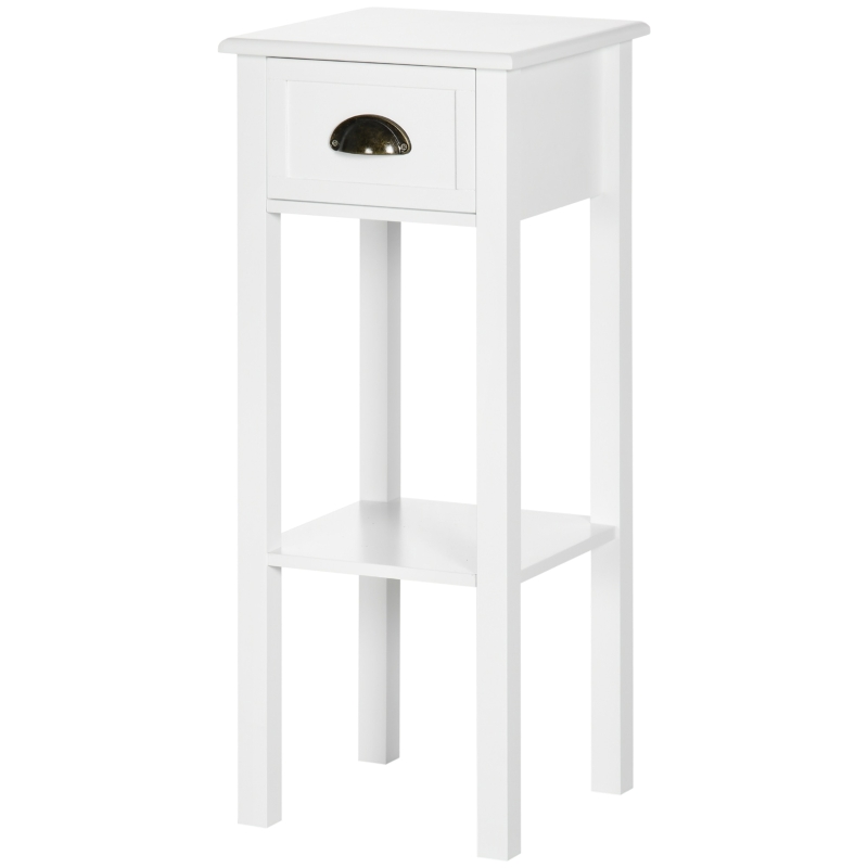 HOMCOM Mesa Auxiliar Mesita de Noche con Cajón y Estante de Almacenamiento Estilo Moderno para Salón Dormitorio 30x30x75 cm Blanco