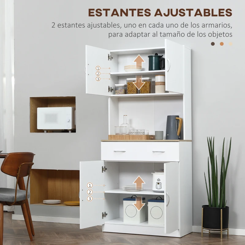 HOMCOM Armario Alacena de Cocina con Cajón 4 Puertas y Estantes Interiores Ajustables Mueble de Almacenaje 80x40x180 cm Blanco